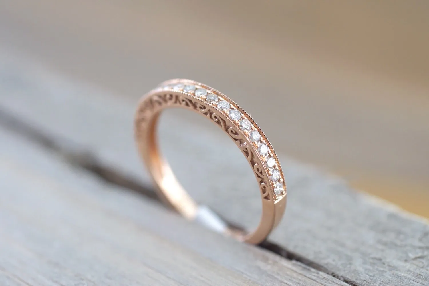 14kt Rose Gold Diamond Milgrain Etching Vintage Wedding Engagement Anniversary Band Ring Filigree Vine