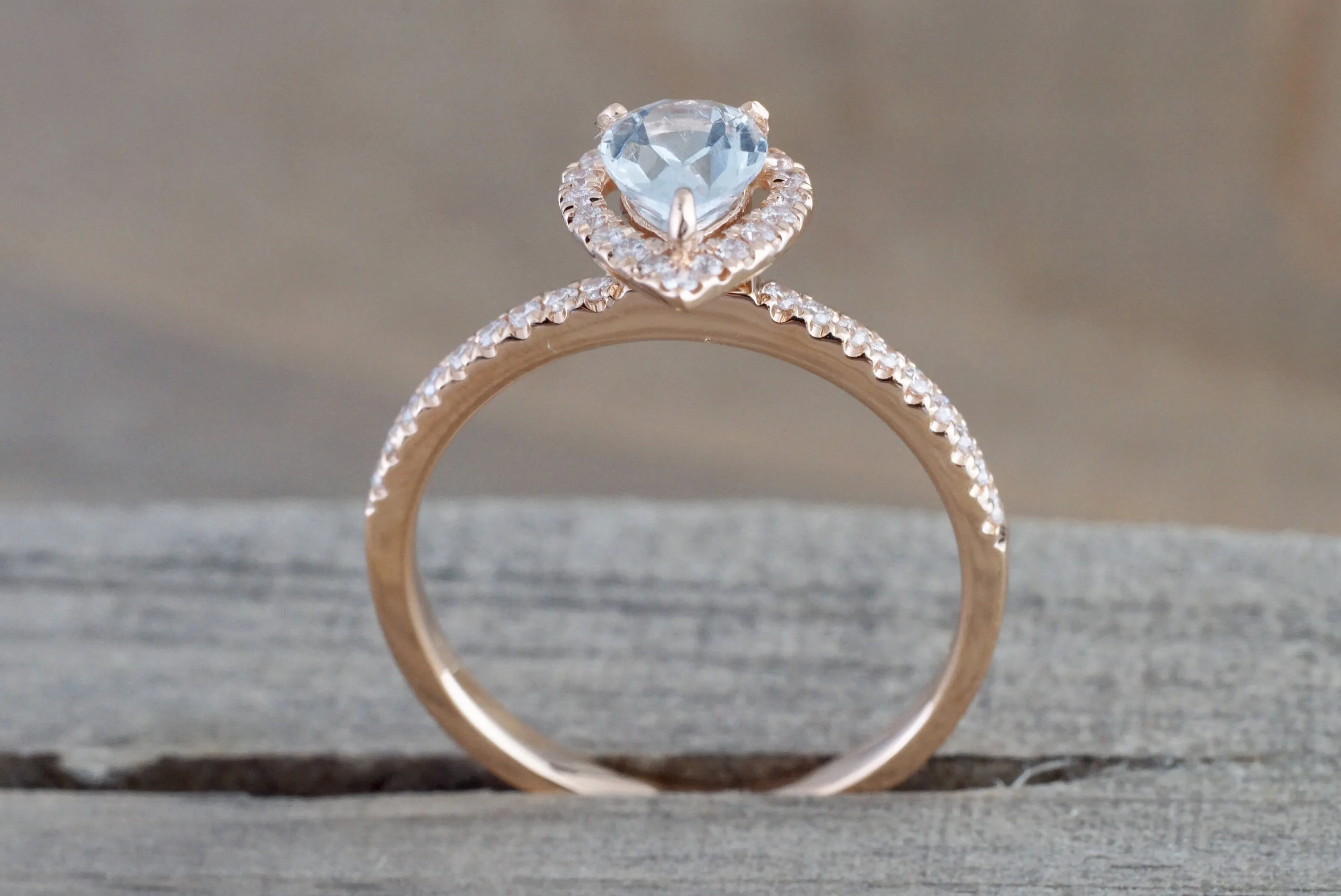 18k Rose Gold Dainty Pear Aquamarine with Diamond Halo Engagement Wedding Ring Band Promise