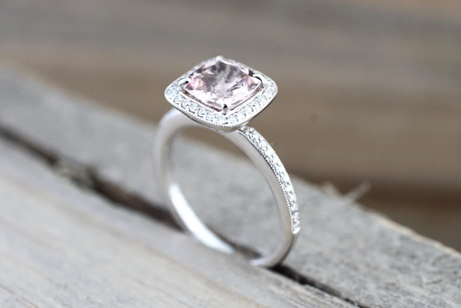 18k White Gold Diamond Cushion Halo Morganite Engagement Anniversary Love Wedding Ring Band Art Deco Vintage