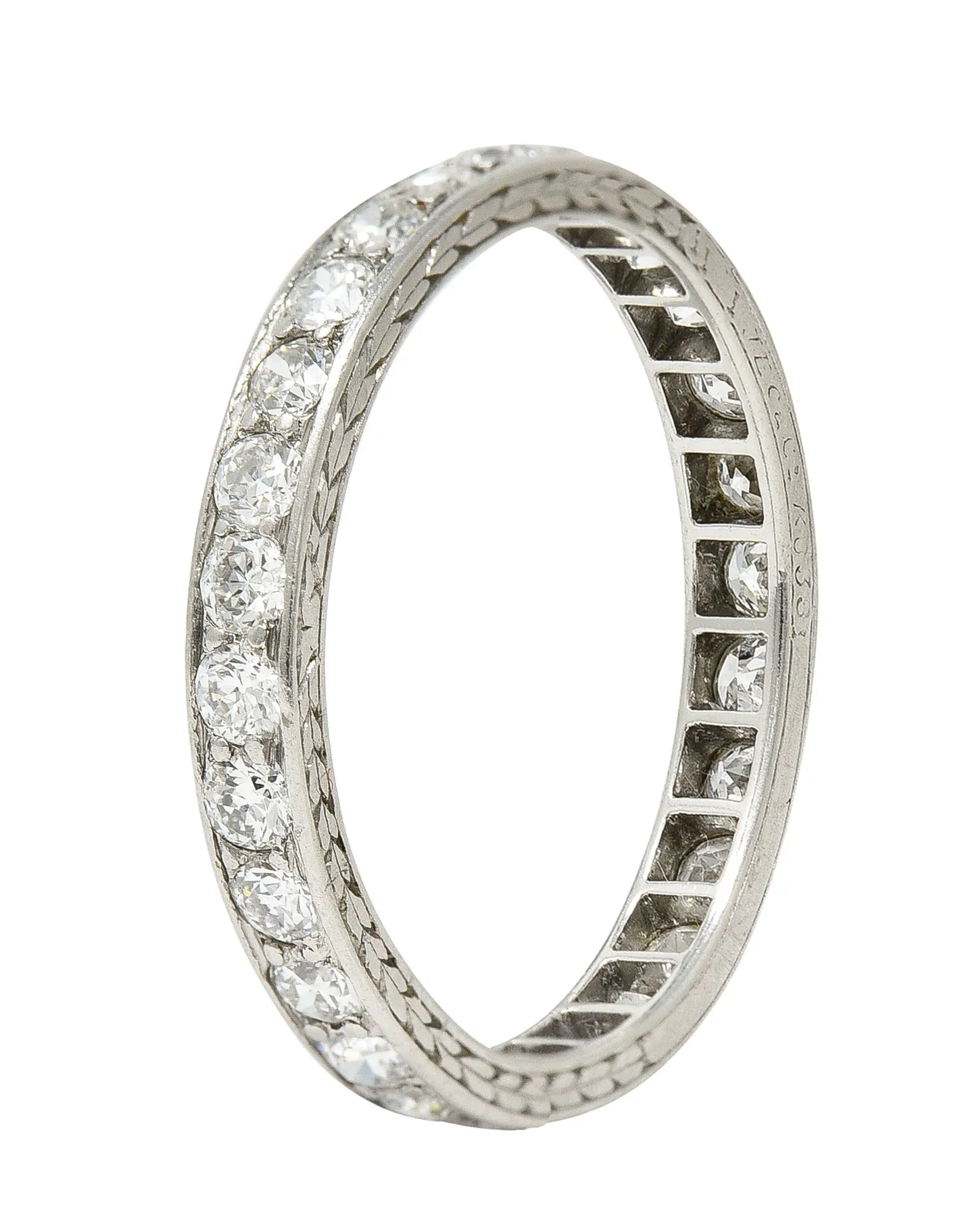 1926 J.E Caldwell Early Art Deco 0.84 CTW Diamond Platinum Wheat Wedding Band Ring