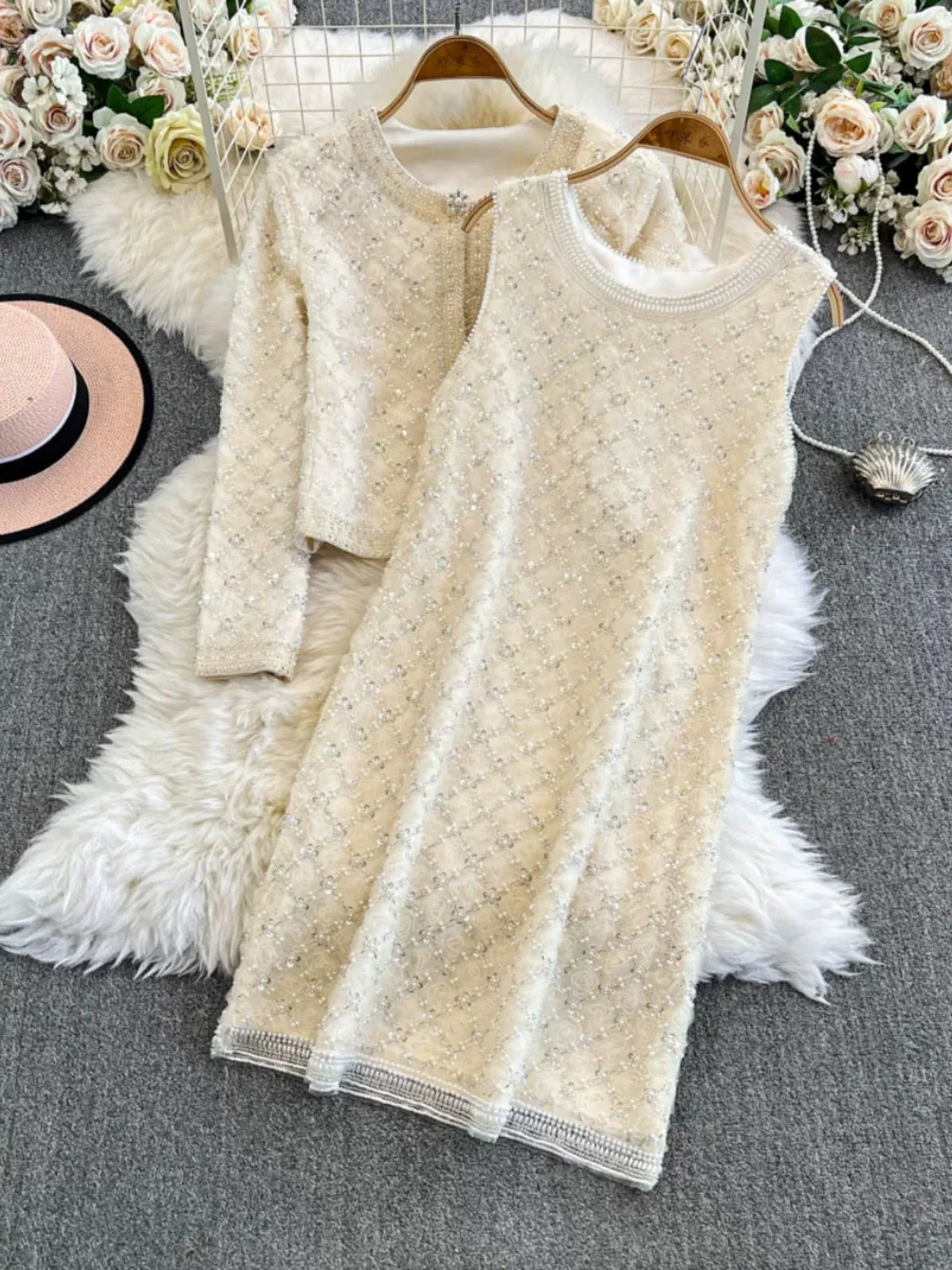 2024 winter new style high-end small fragrance jacket women's haute couture hand-beaded temperament vest dress two-piece set