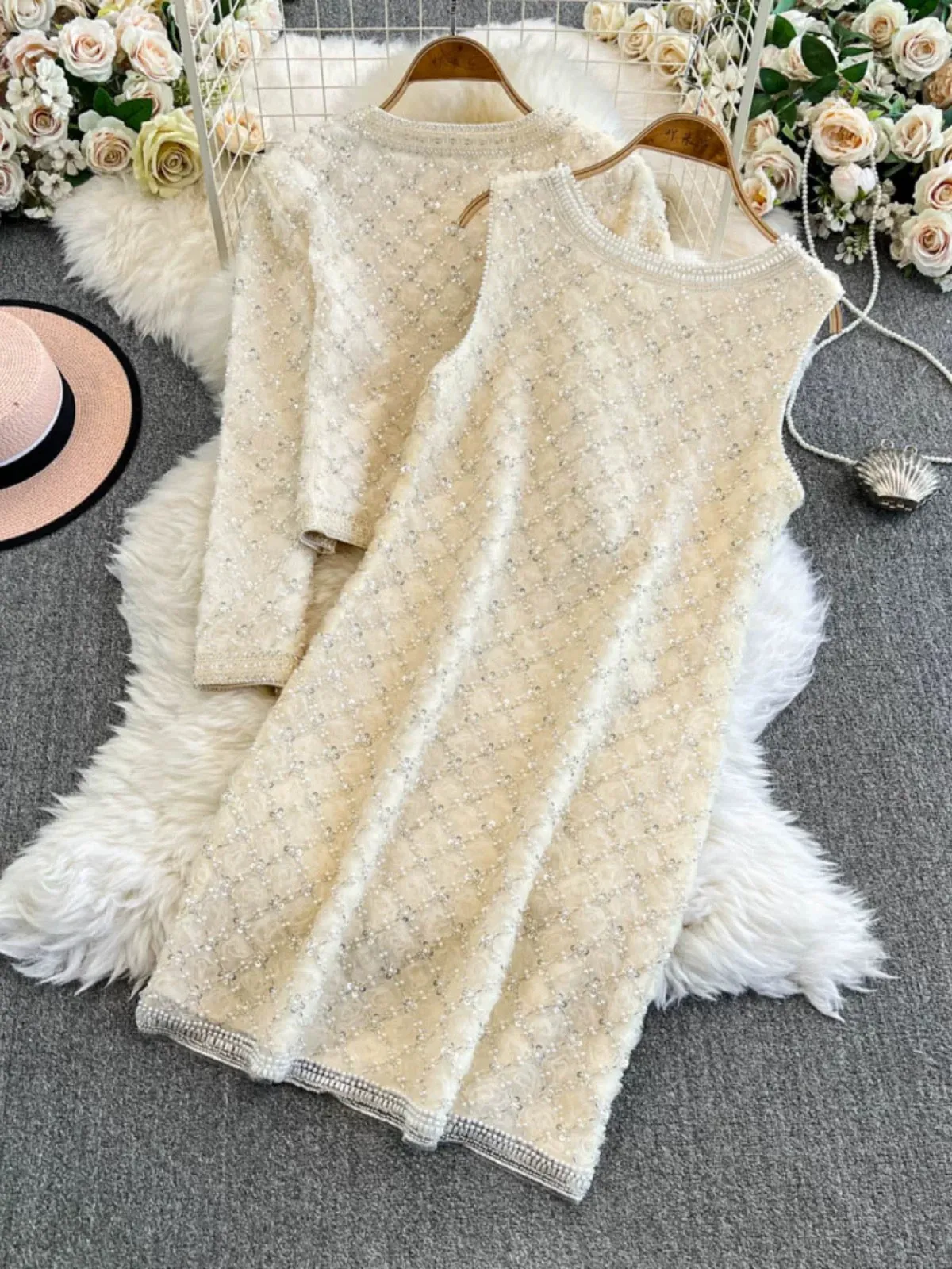 2024 winter new style high-end small fragrance jacket women's haute couture hand-beaded temperament vest dress two-piece set