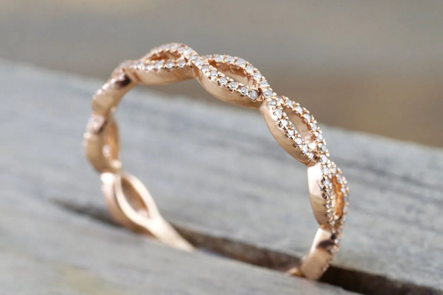 3/4 14k Rose Gold Diamond Pave Infinity Stackable Ring Band Wedding Promise Anniversary