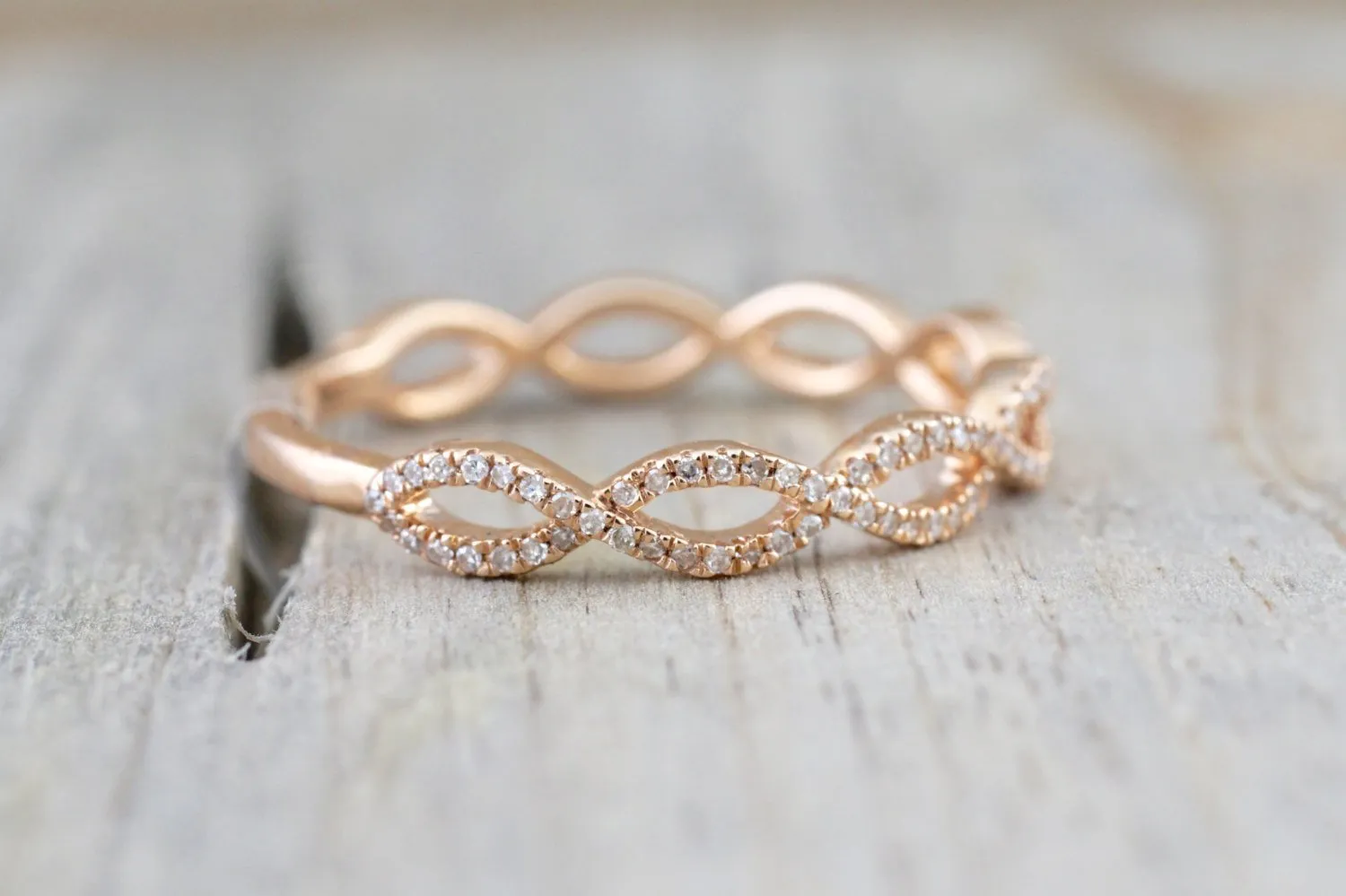 3/4 14k Rose Gold Diamond Pave Infinity Stackable Ring Band Wedding Promise Anniversary