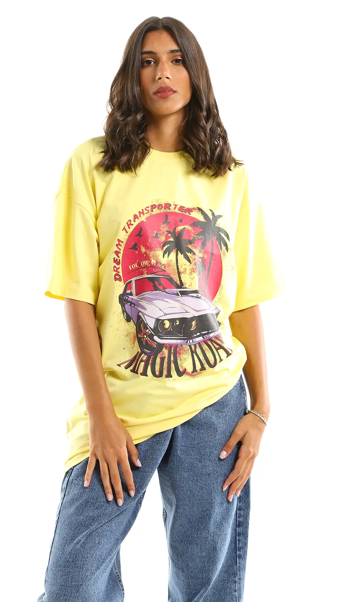 97597 Dream Transporter Printed Oversized Summer Tee - Yellow