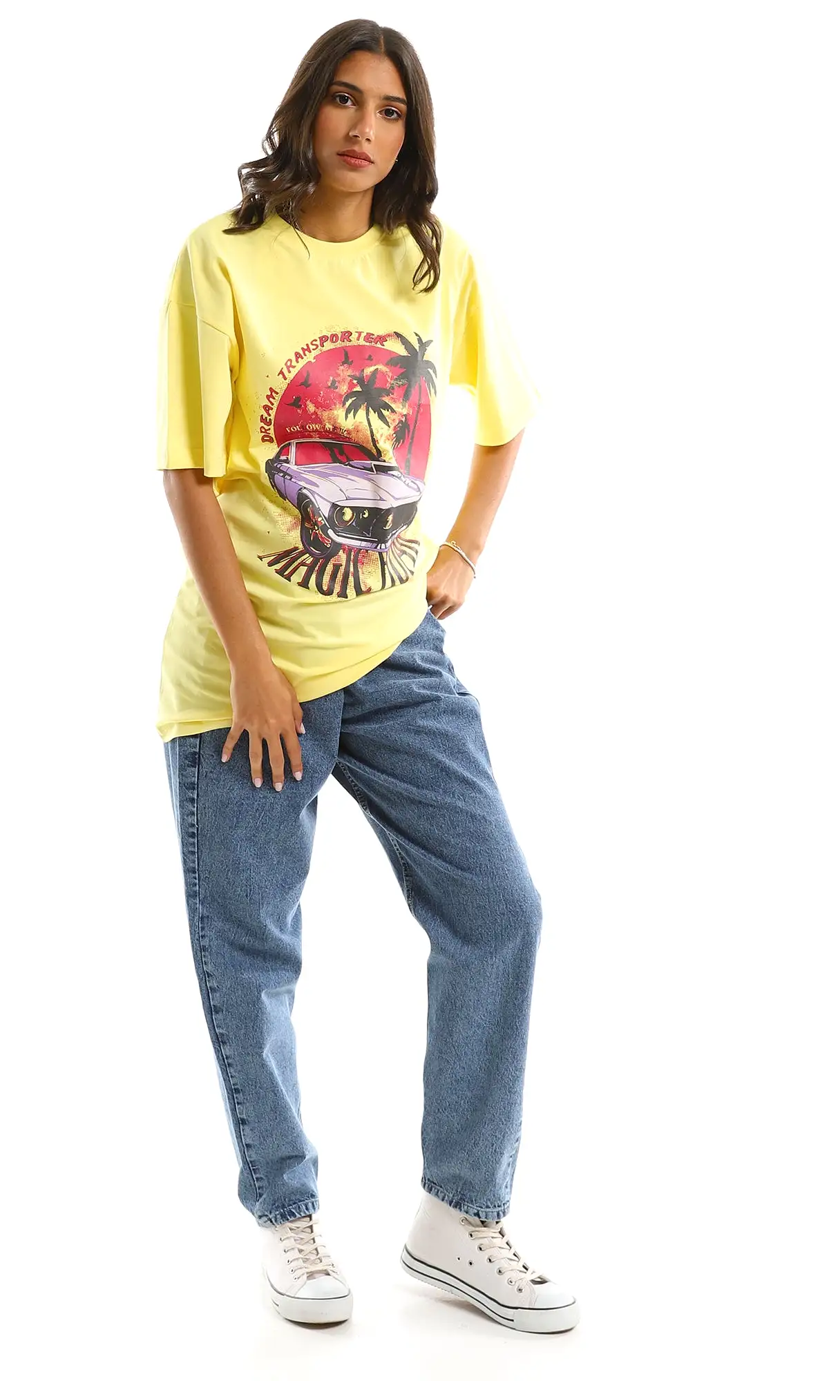 97597 Dream Transporter Printed Oversized Summer Tee - Yellow