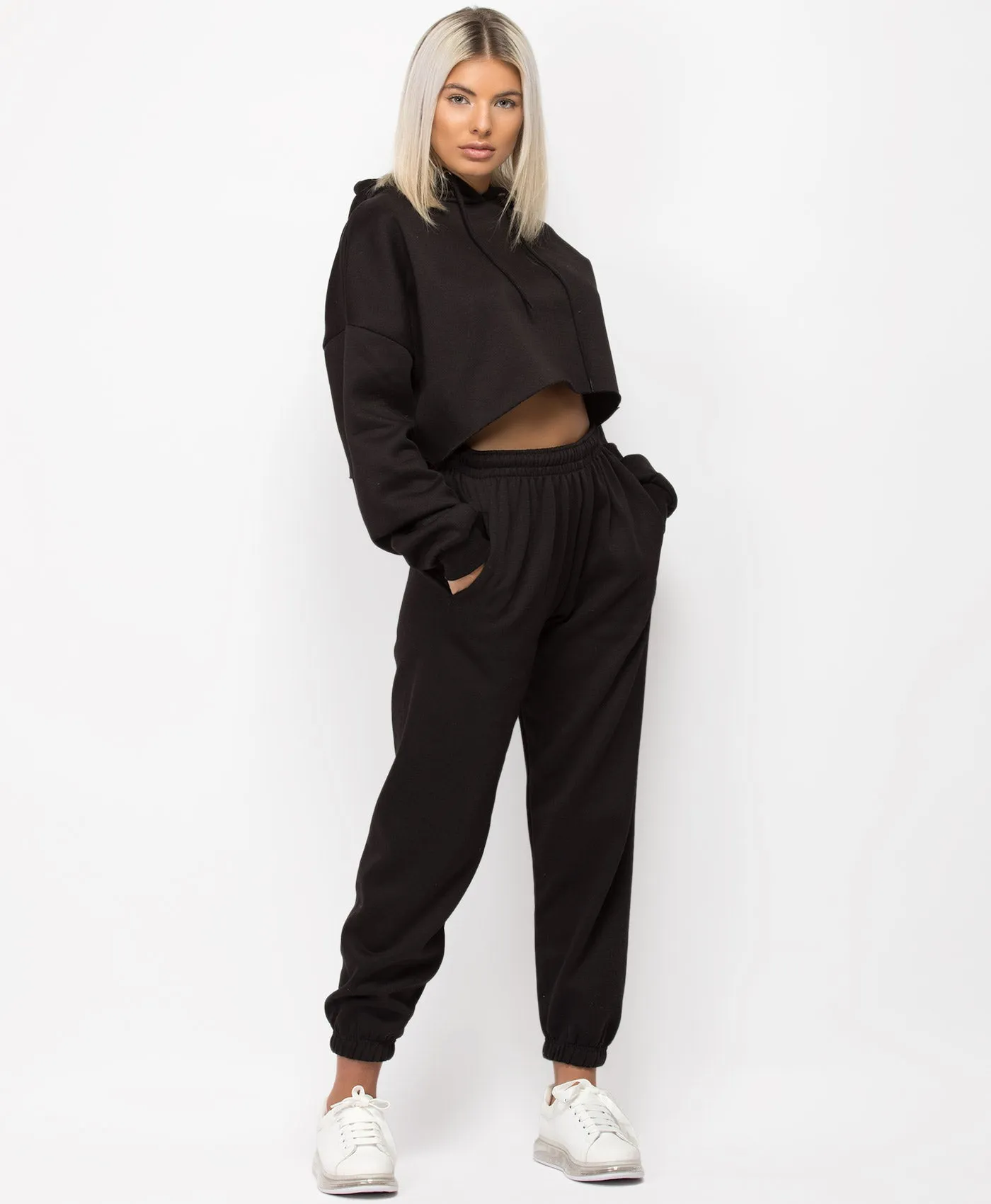 Black Oversized Cropped Hoodie & Joggers Loungewear Set