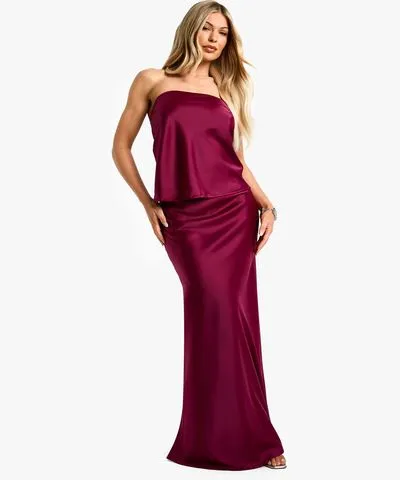 boohoo Womens Satin Longline Bandeau & Maxi Skirt Set