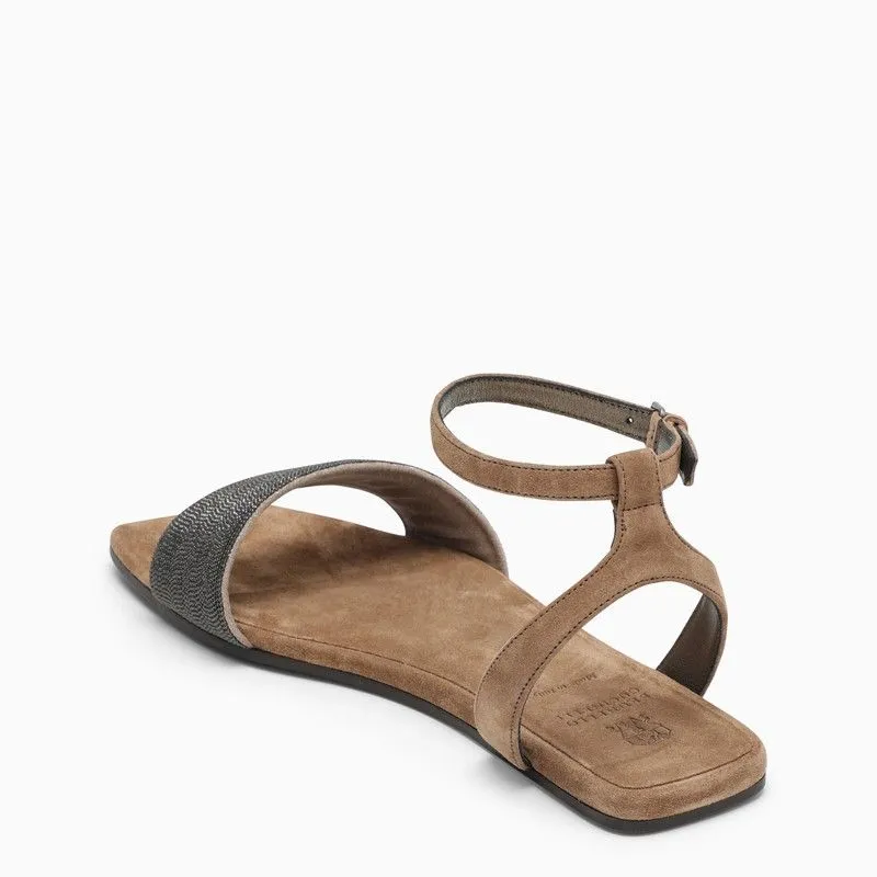 BRUNELLO CUCINELLI Beige Suede Sandals with Beaded Strap for Women