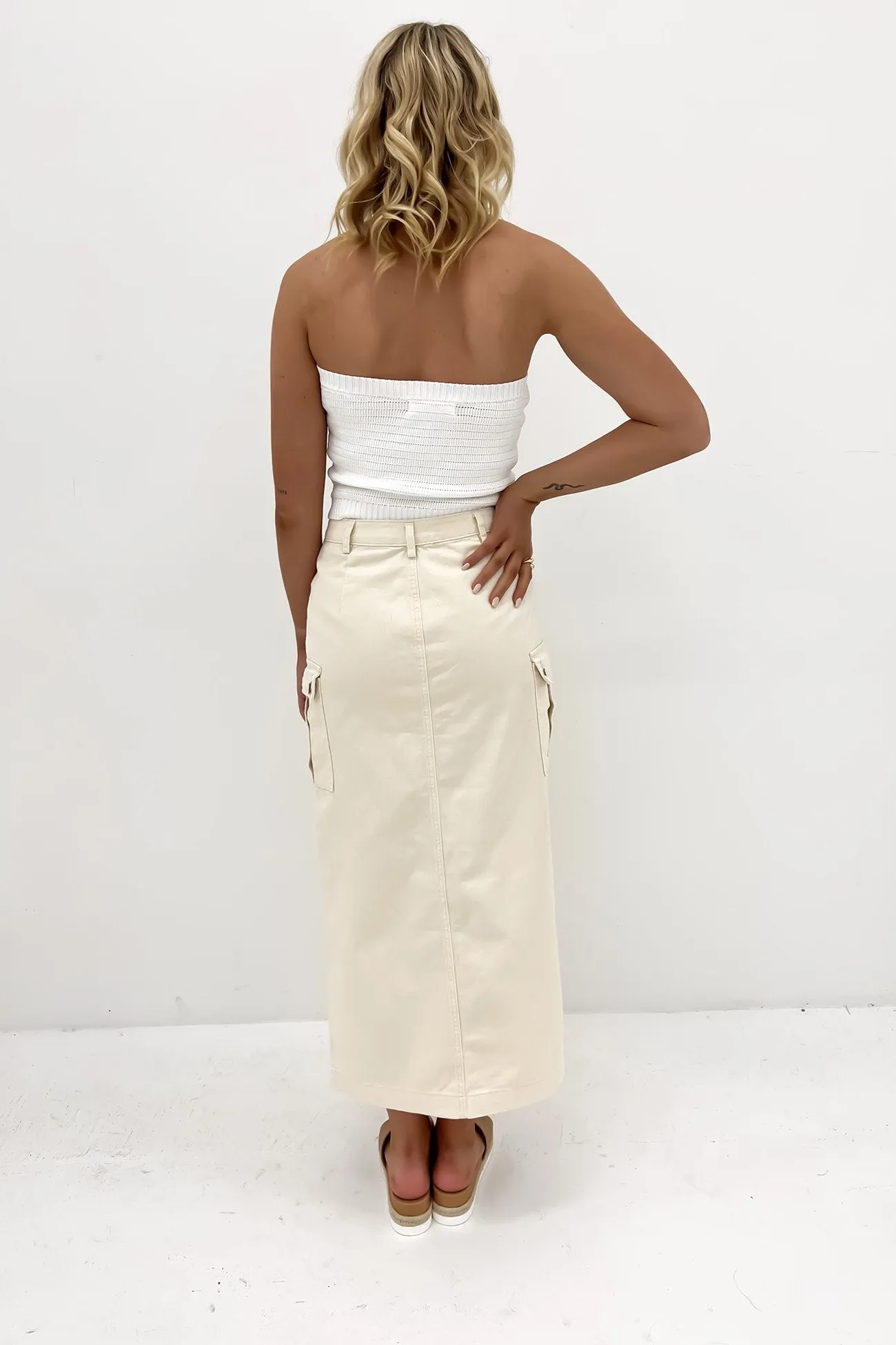 Citra Cargo Denim Midi Skirt Cream