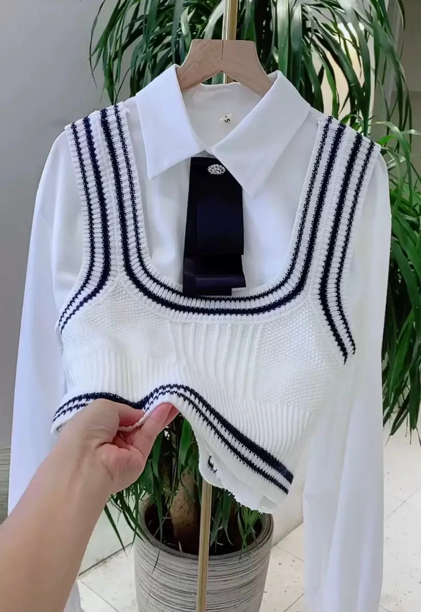 College style knitted vest for women autumn new slim fit short tie shirt sweater vest two-piece trendy set T9390