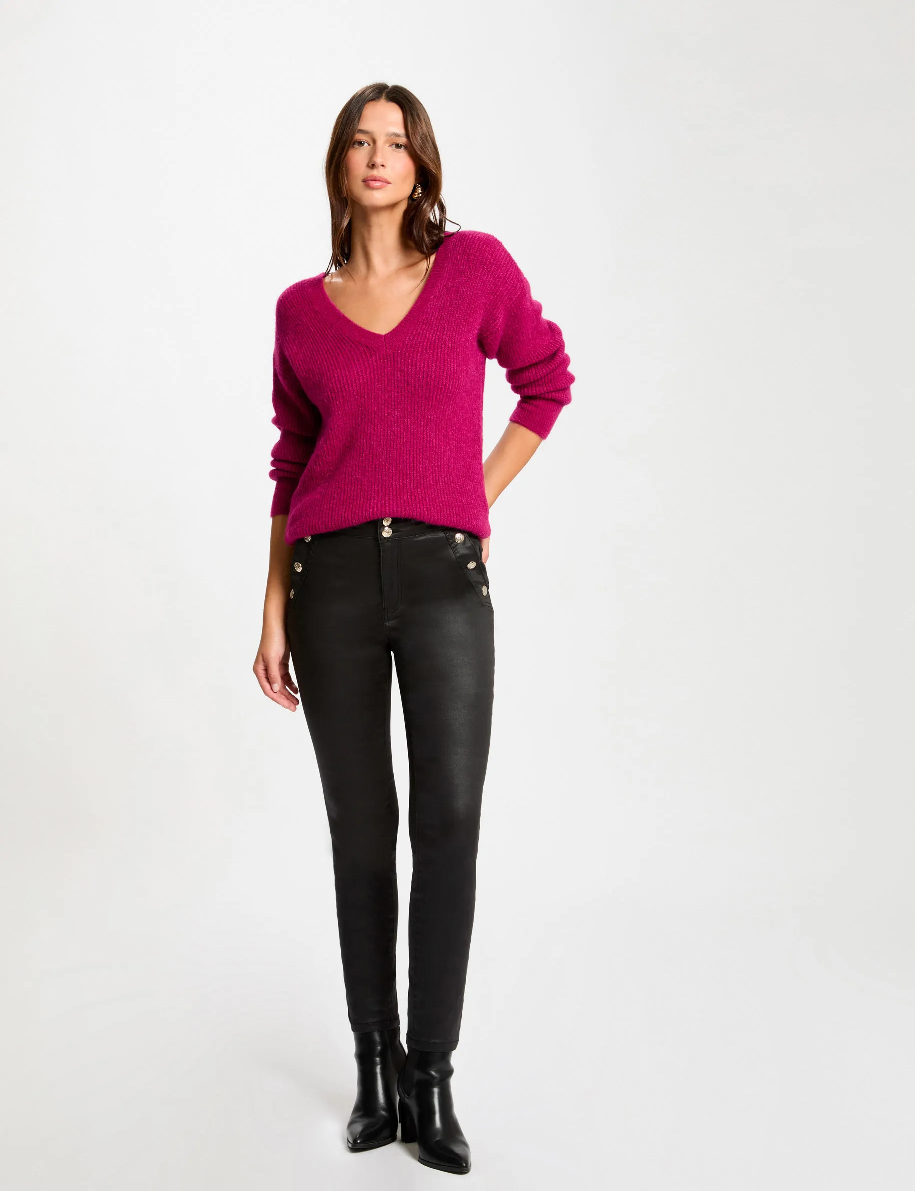 Fitted trousers wet effect black women