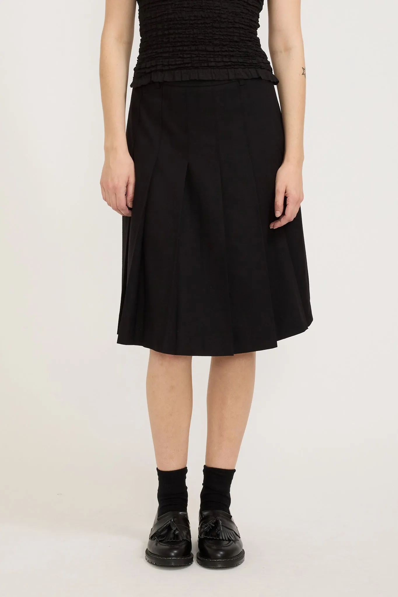 Flannel Pleats Midi Skirt Black