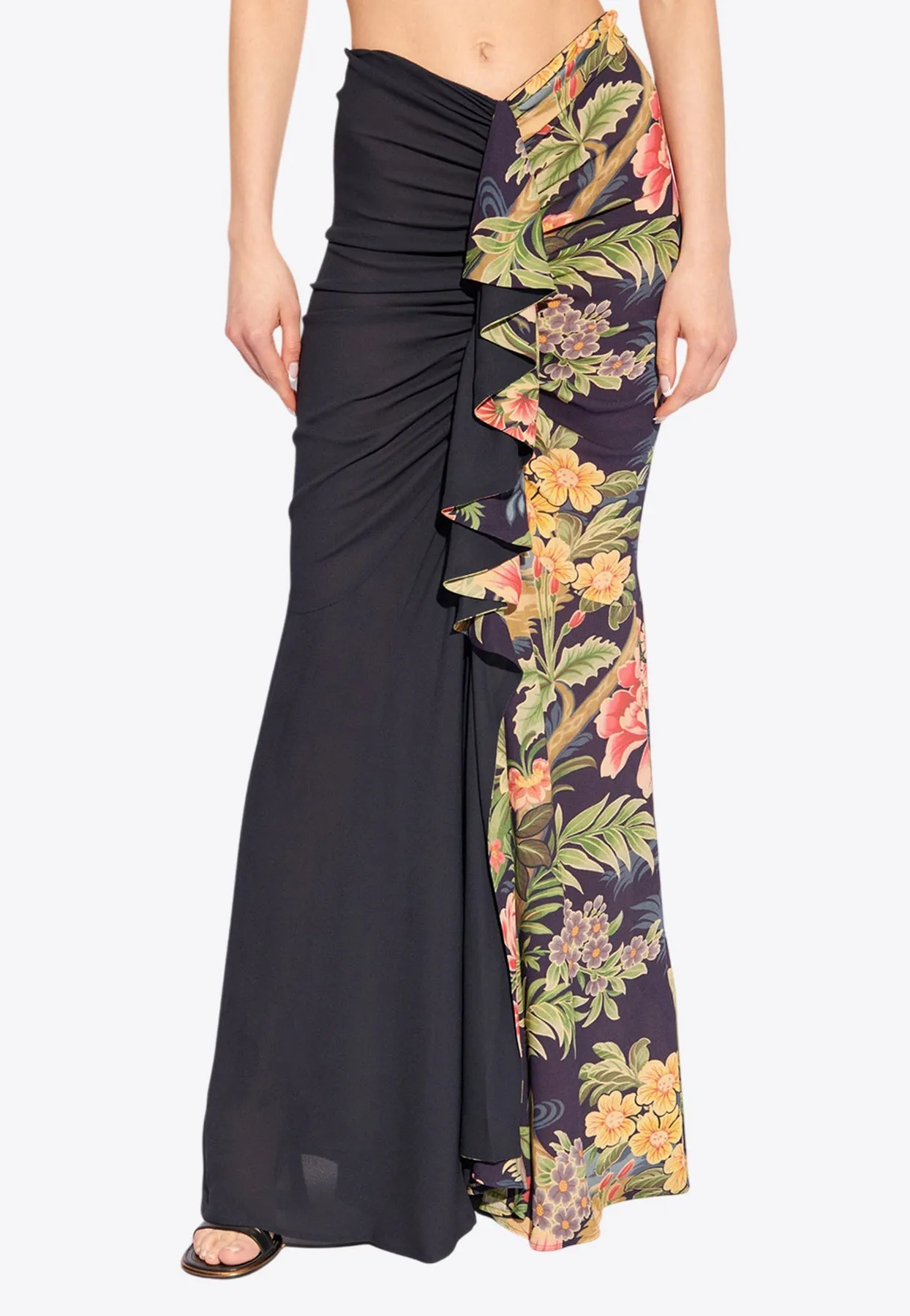 Floral Print Ruched Maxi Skirt