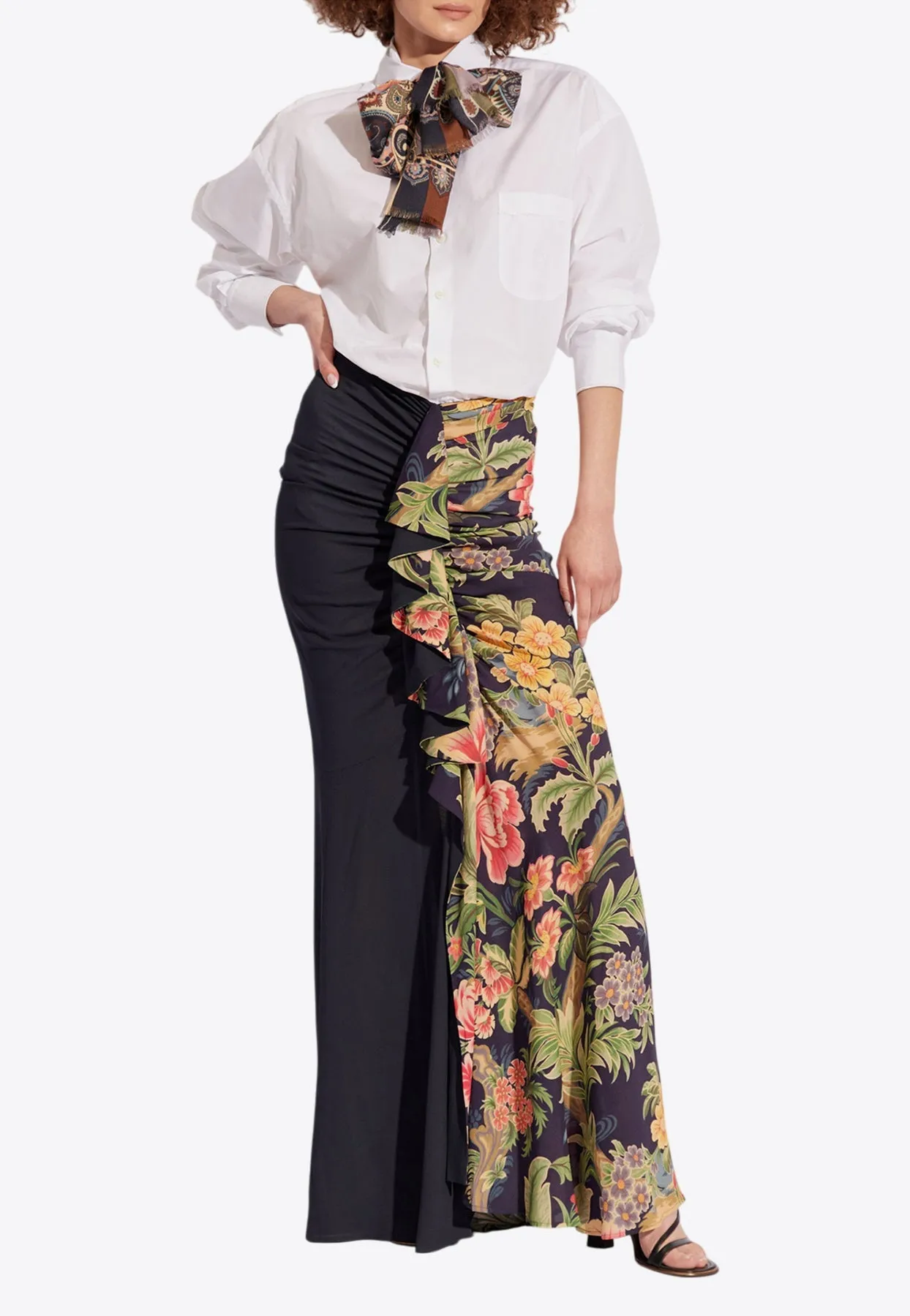 Floral Print Ruched Maxi Skirt