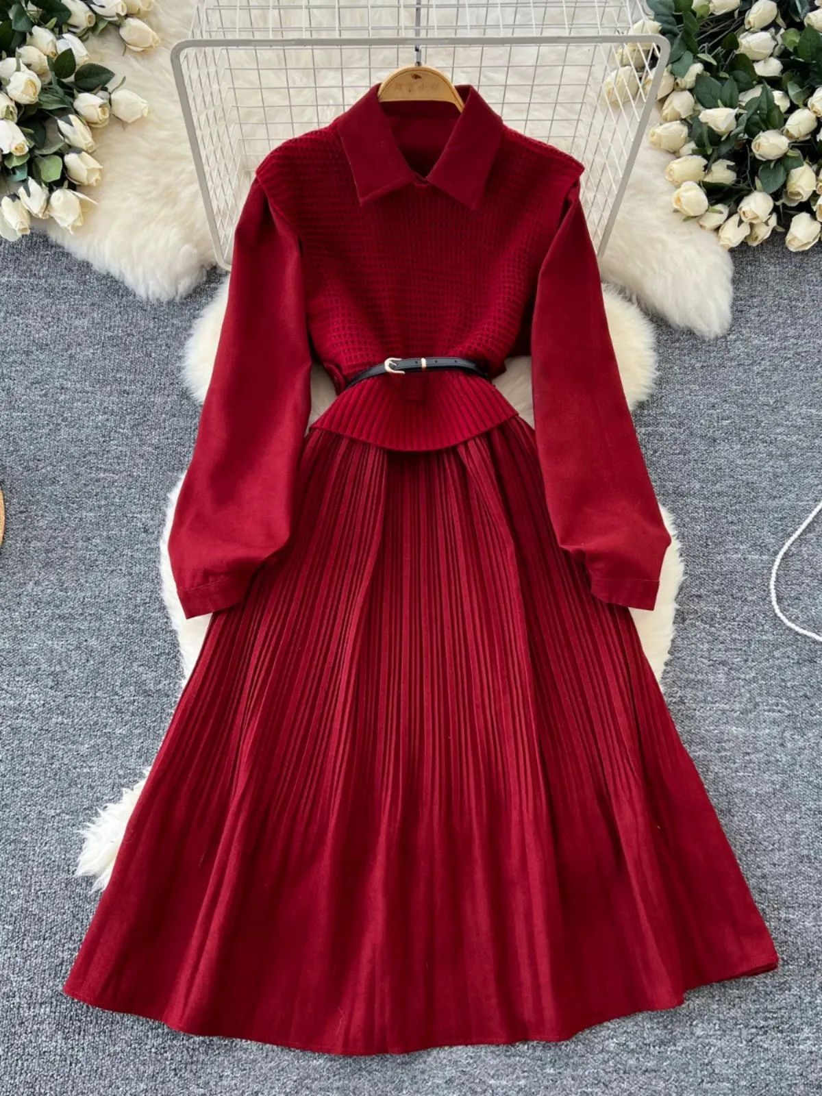 French high-end retro lapel knitted vest waist inner dress women's slim temperament pleated bottoming skirt