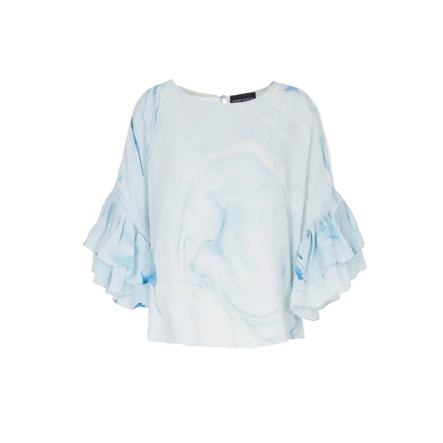 Hand Marbled Silk Ruffled Flounce Top - Blue & White