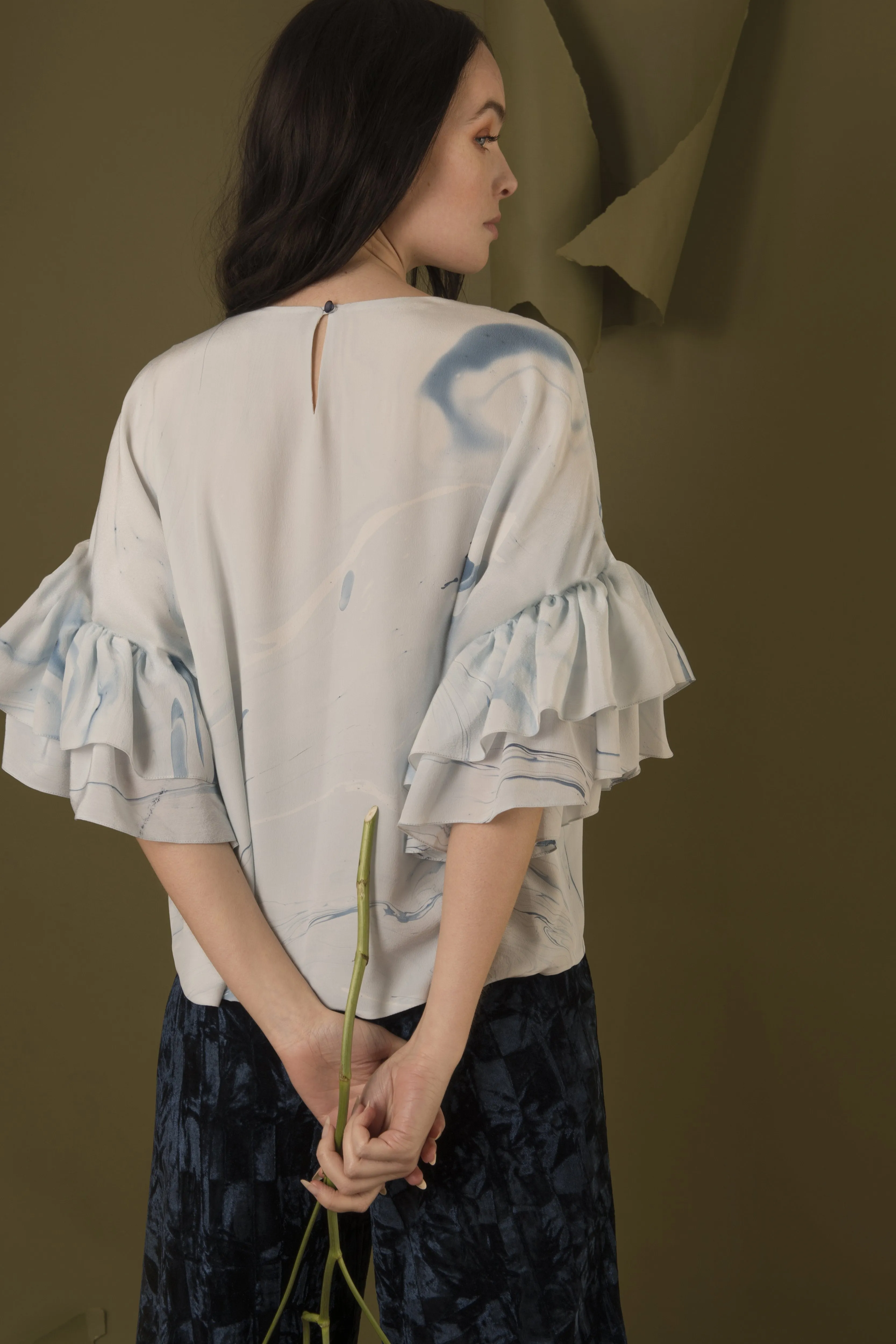 Hand Marbled Silk Ruffled Flounce Top - Blue & White