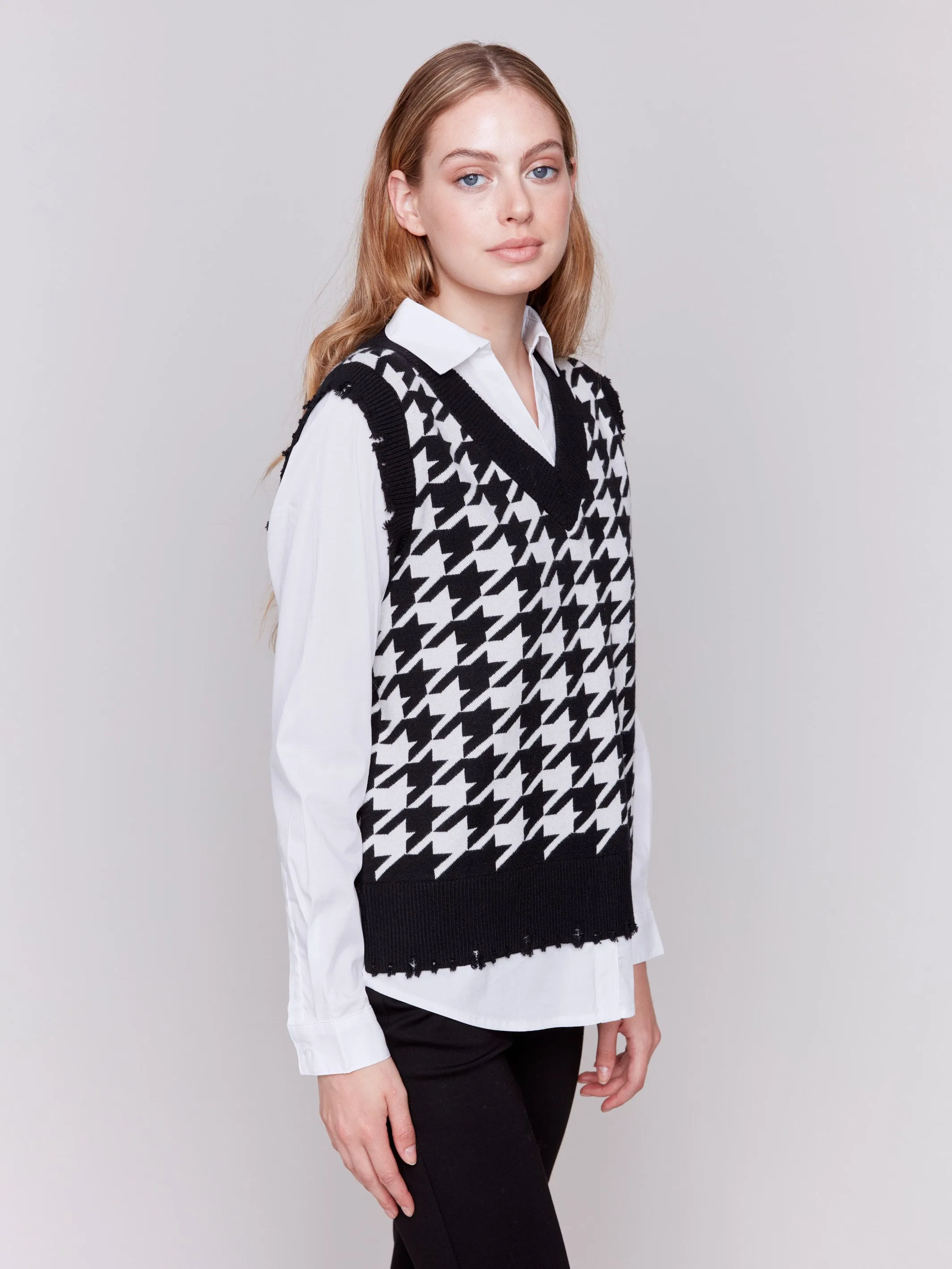 Houndstooth Fooler Vest with Shirt Collar - Pepper