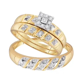 Keene Jewelers 10kt Yellow Gold His Hers Round Diamond Cluster Matching Wedding Set 1/8 Cttw