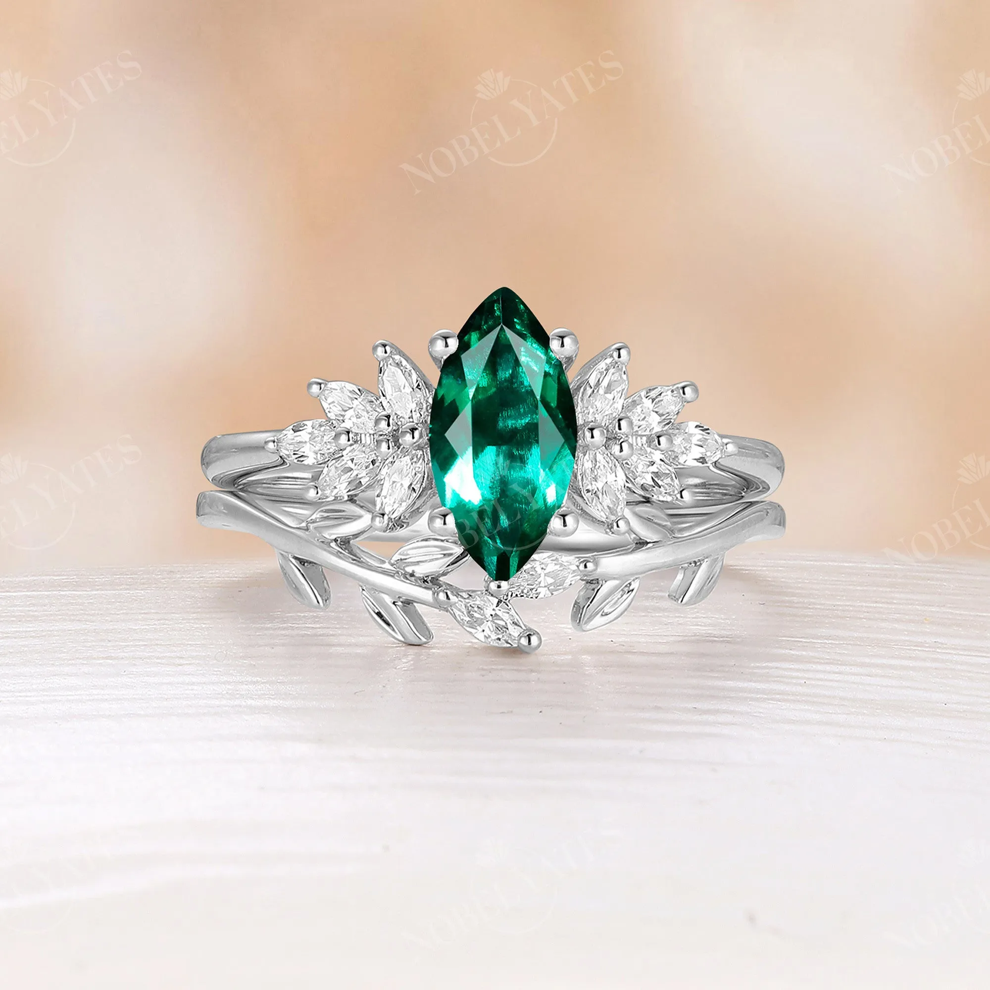 Lab Emerald Marquise Cut Engagement Ring Set Leaf Design Wedding Band