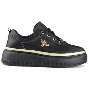 Leather black sneakers for women with gold accessories