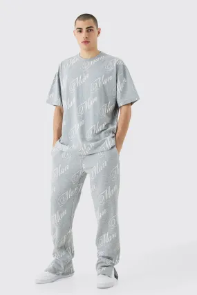 Man Script All Over Print Split Hem Tshirt & Sweatpant Set