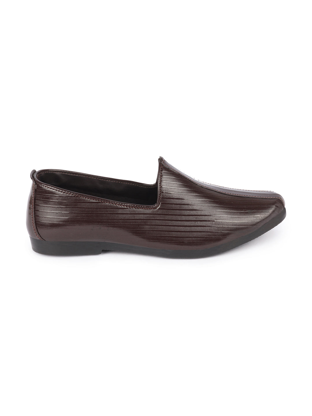 Men Brown Glossy Shine Textured Design Wedding Festive Ethnic Slip On Jutis and Mojaris