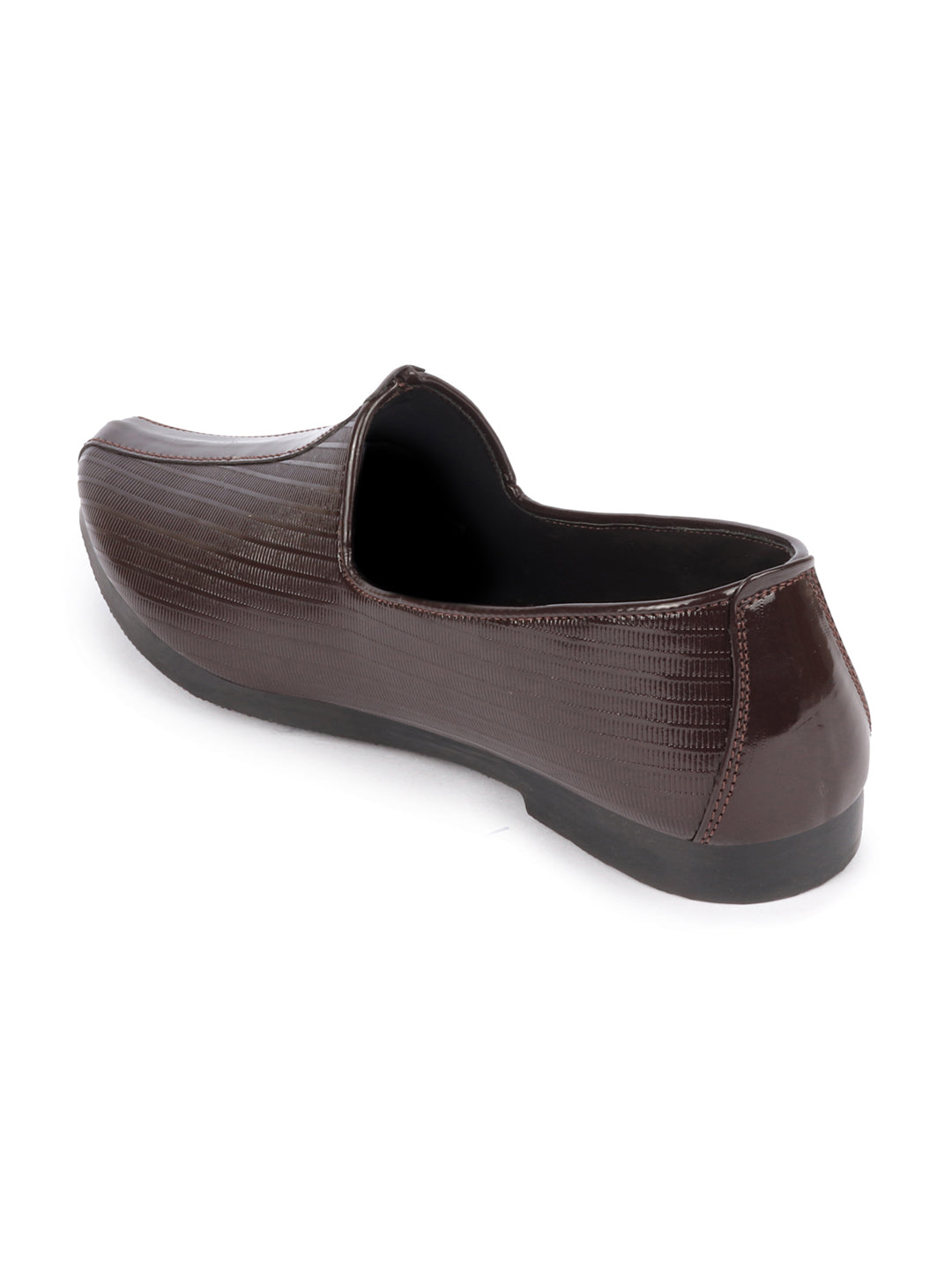 Men Brown Glossy Shine Textured Design Wedding Festive Ethnic Slip On Jutis and Mojaris