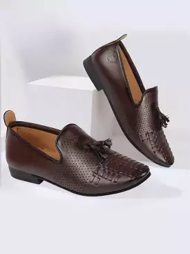 Men Brown Tassel Knitted Design Broad Feet Slip On Ethnic Wedding Juttis and Mojaris