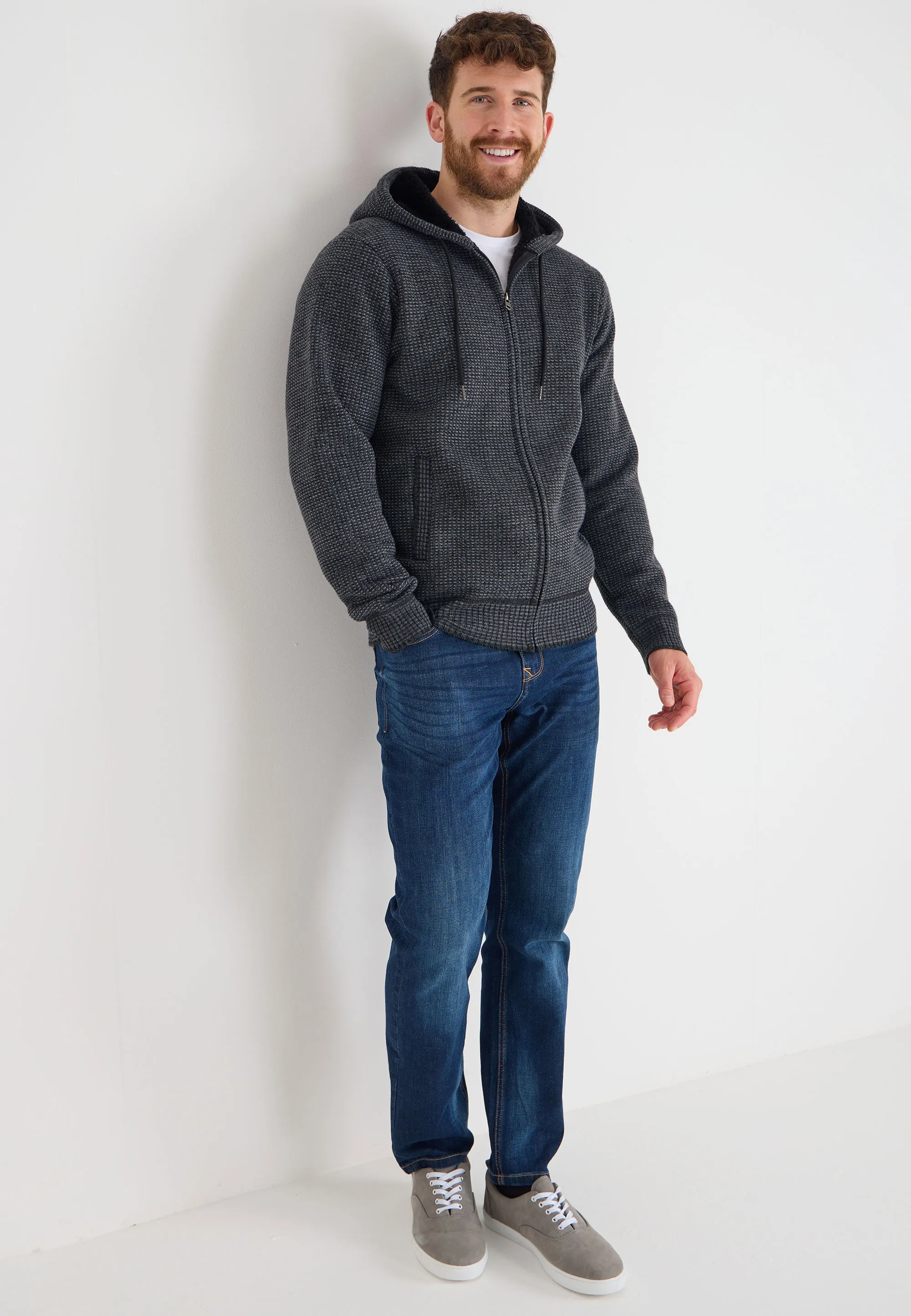 Mens Grey Sherpa Zip Through Knitted Hoodie