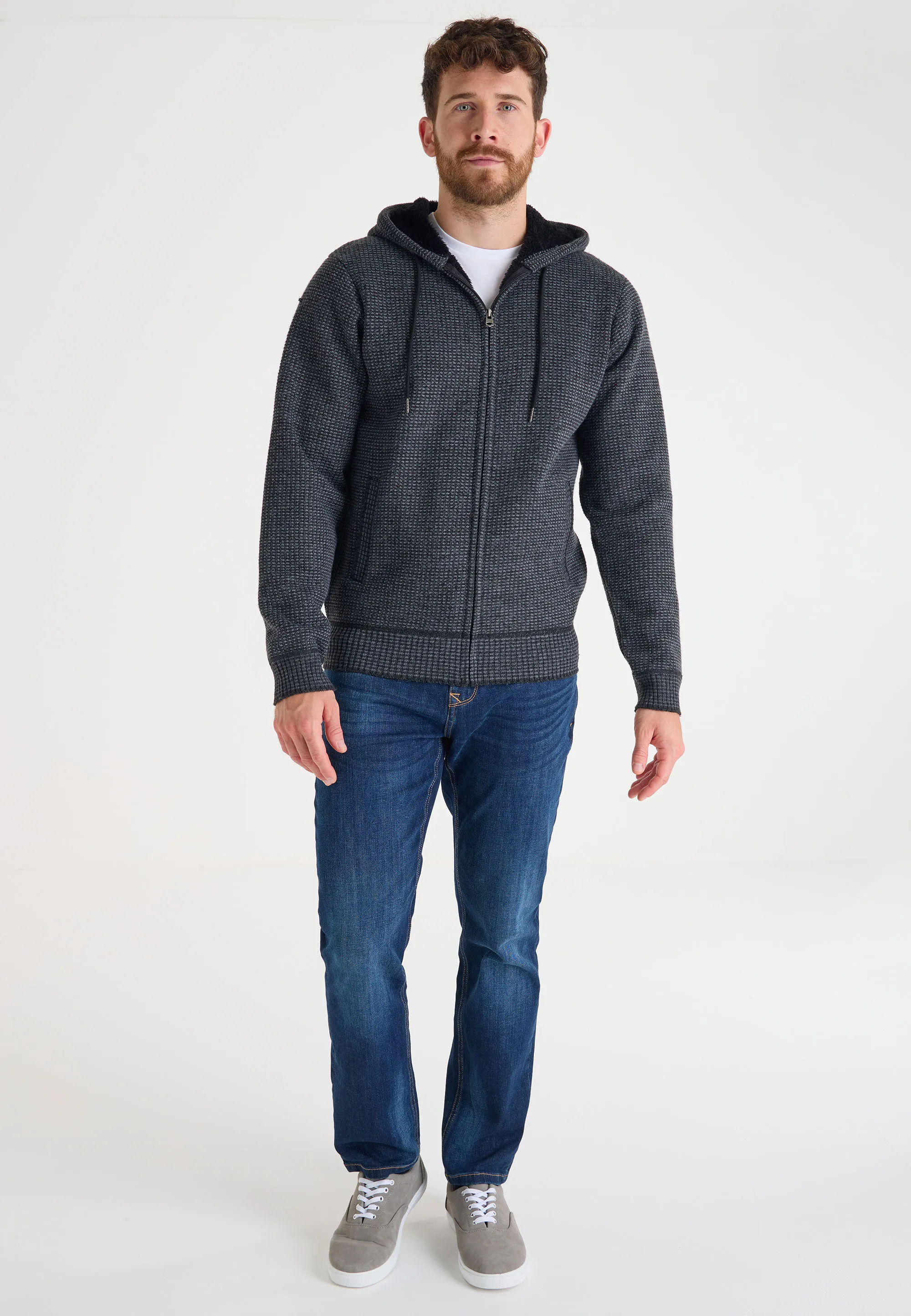 Mens Grey Sherpa Zip Through Knitted Hoodie