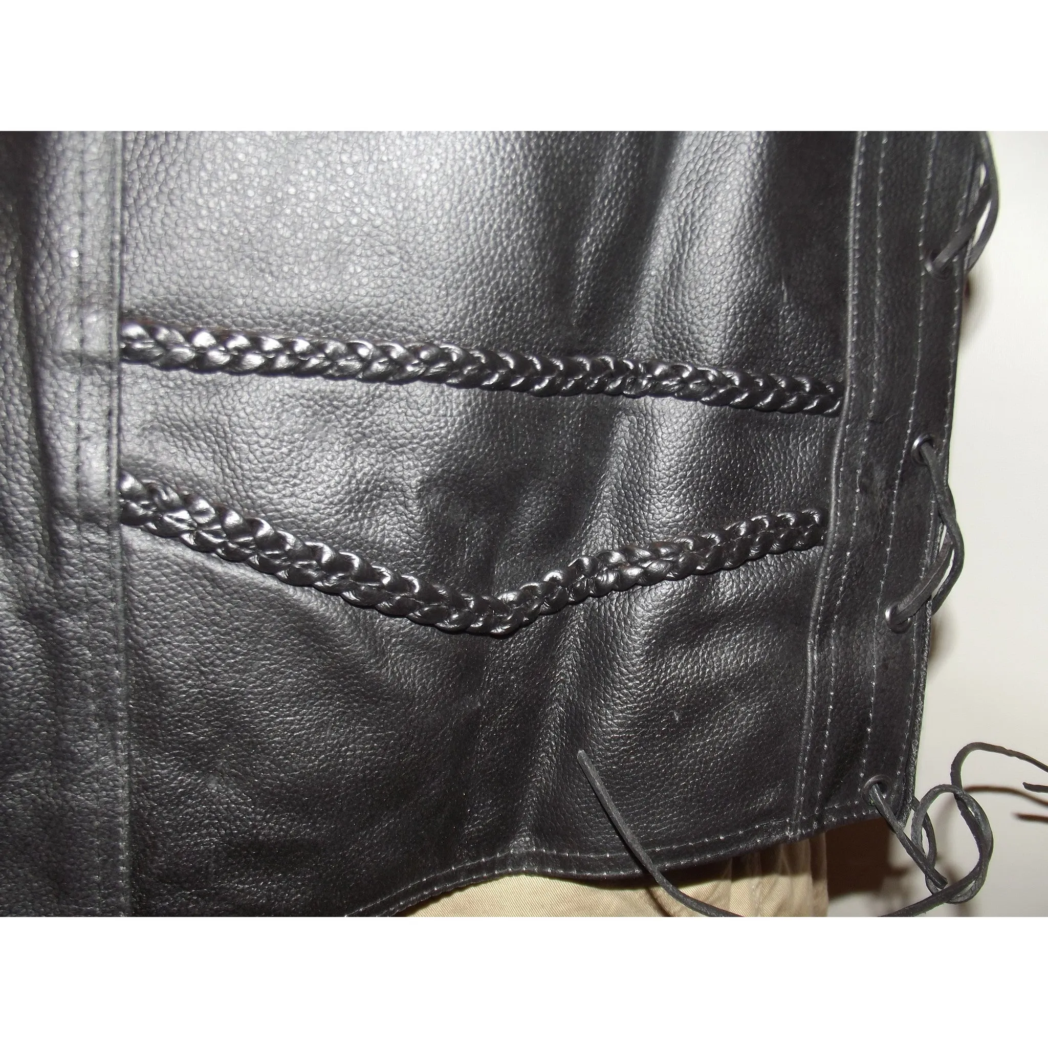 Mens Heavy Black Leather Biker Motorcycle Braided Vest with side laces