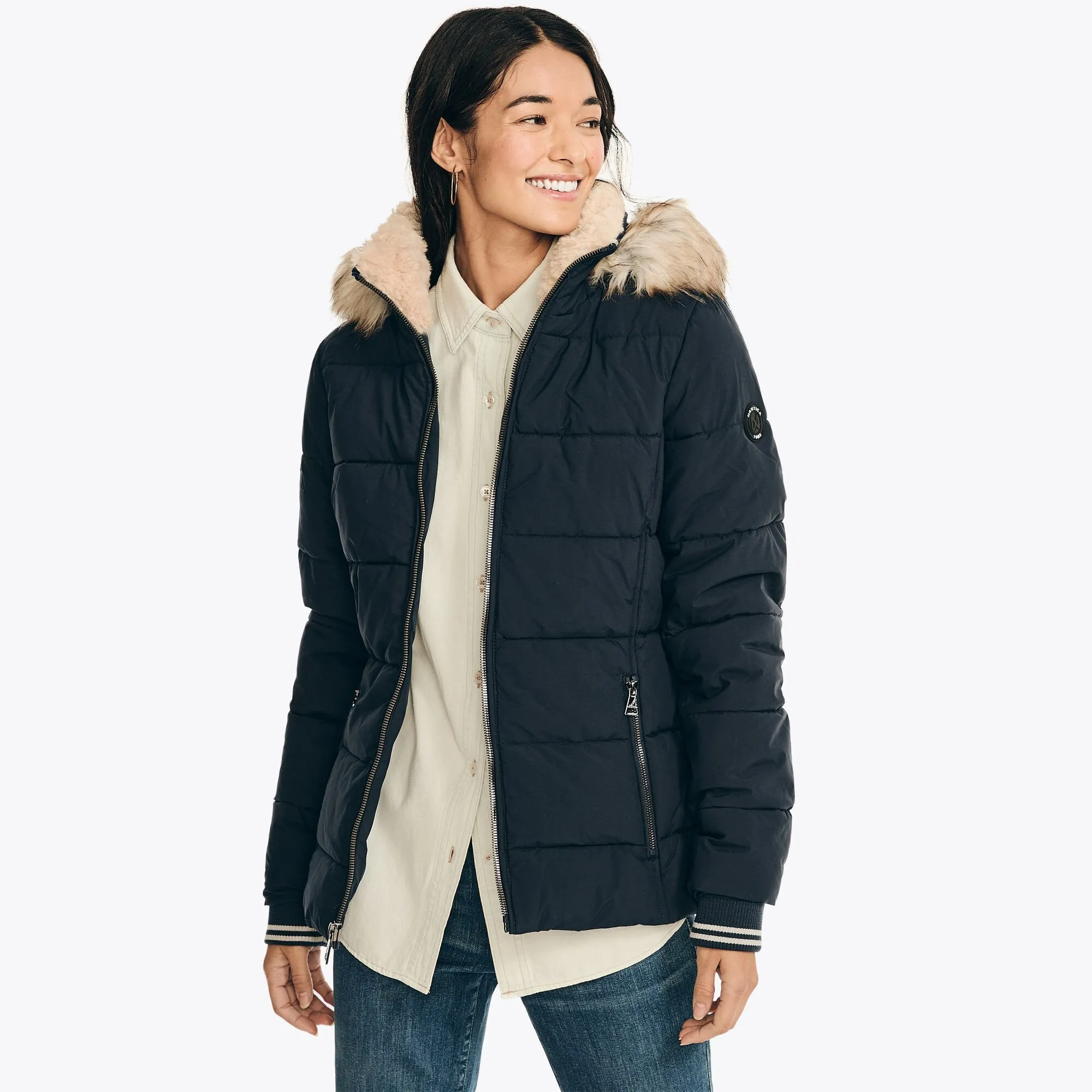 Nautica Women's Short Puffer Jacket With Removable Hood Stellar Blue Heather