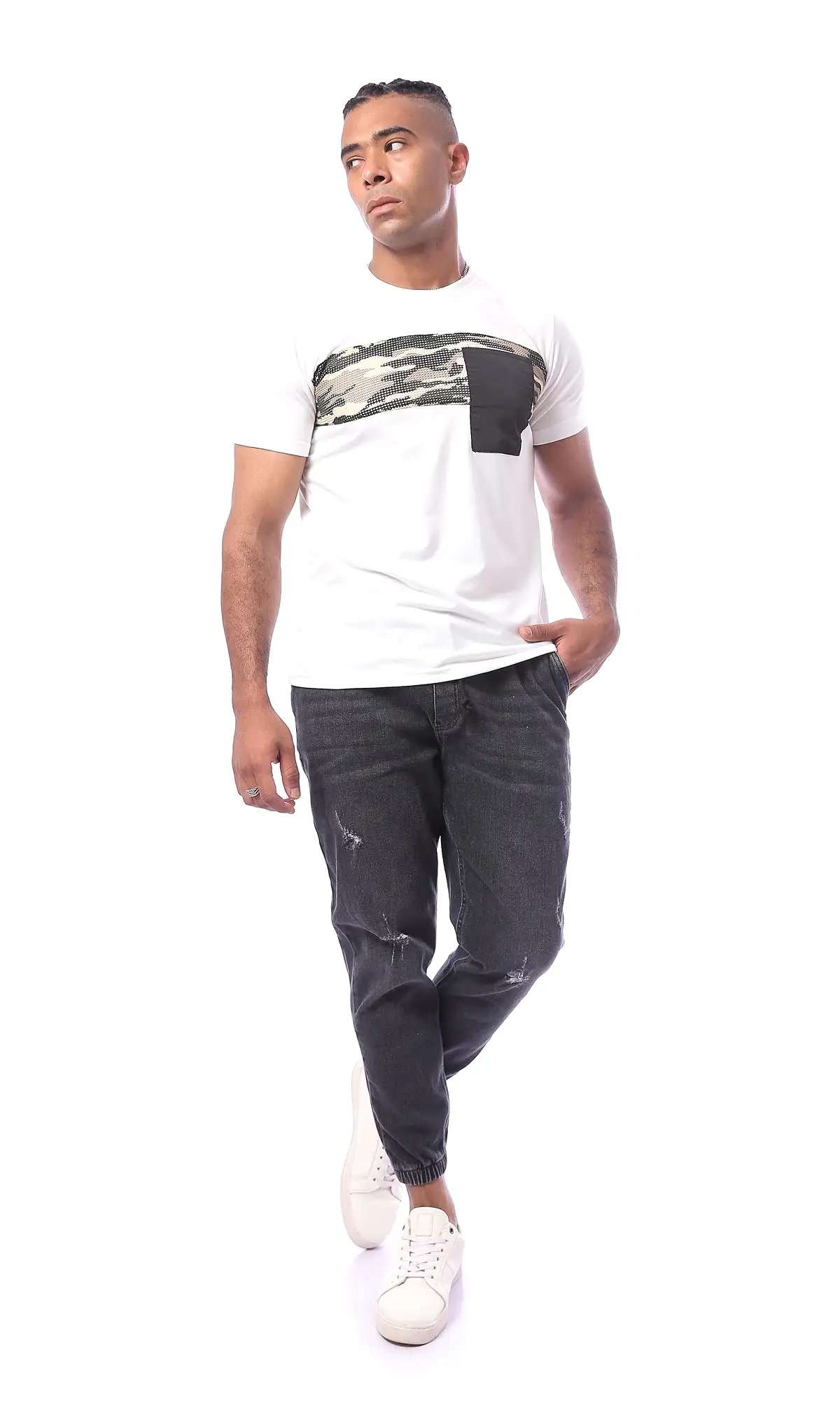 O170509 White Camouflage Comfortable Tee With Pockets