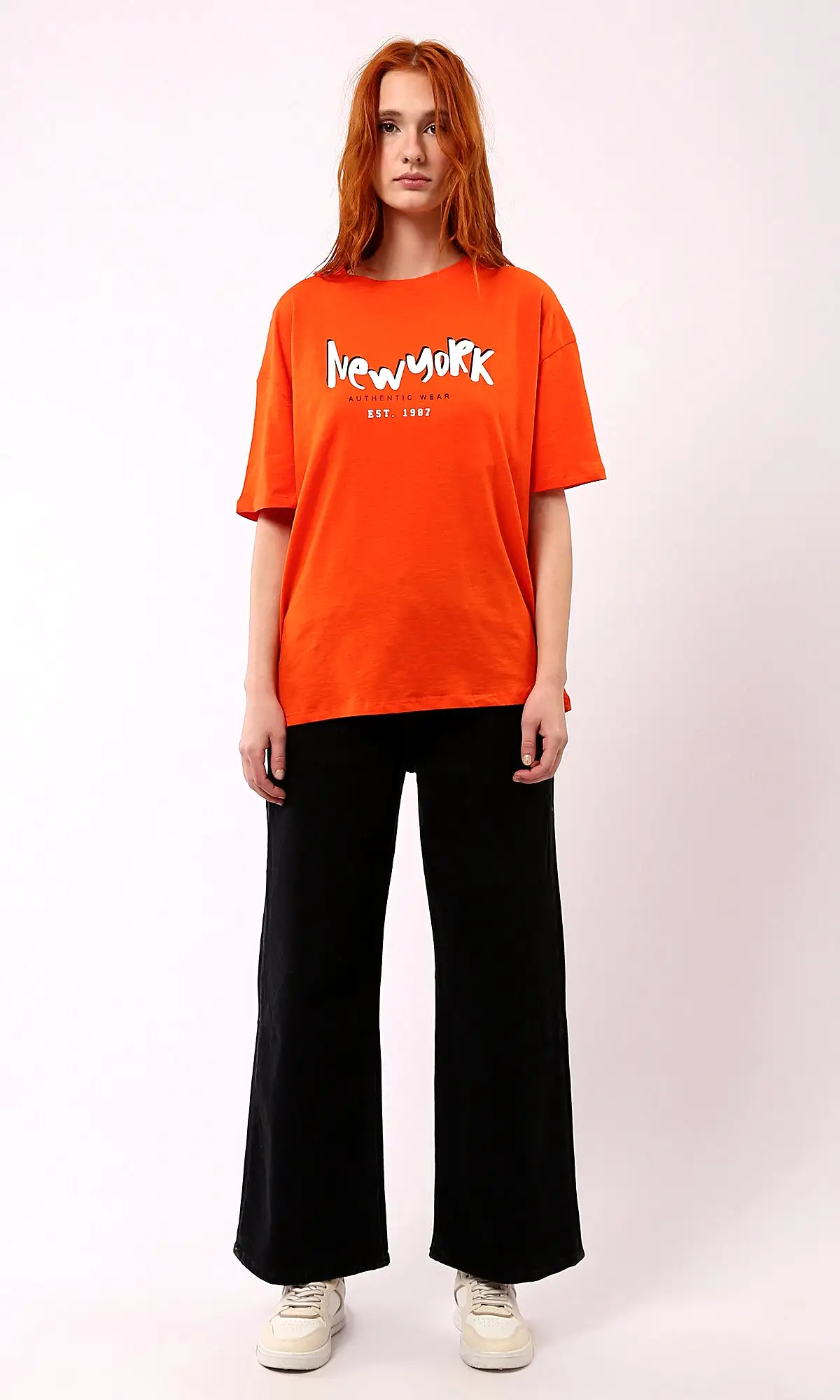 O180440 Hot Orange Printed New York Slip On Tee