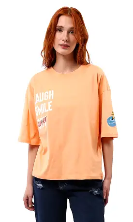 O180443 Crew Neck Light Orange Printed Summer Tee