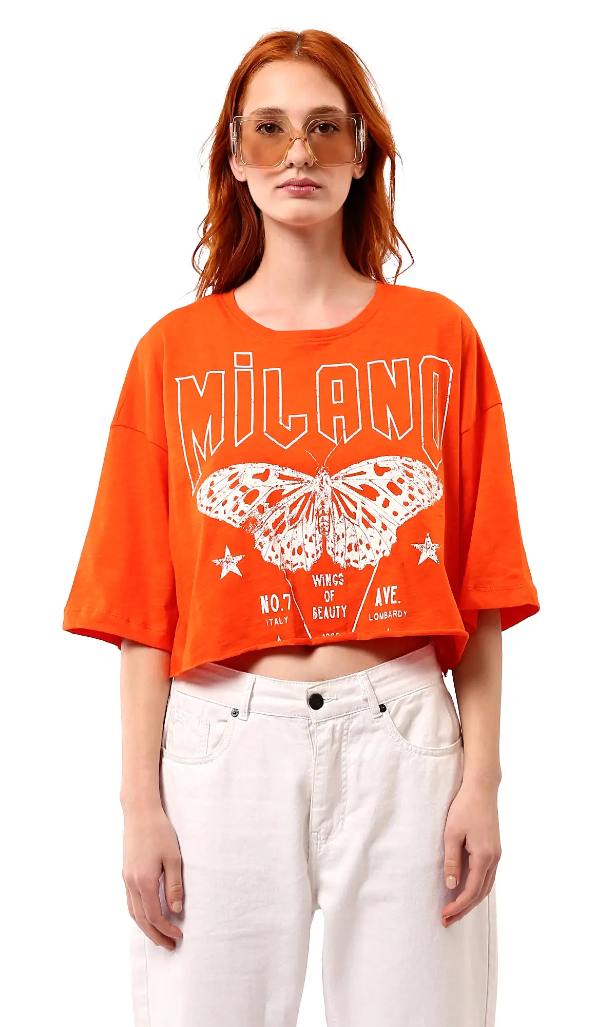 O180449 Printed Butterfly Loose Short Tee - Hot Orange