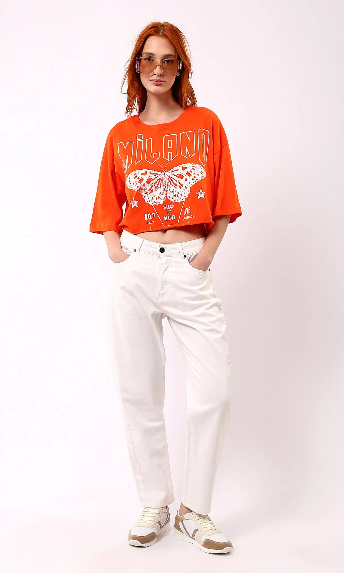 O180449 Printed Butterfly Loose Short Tee - Hot Orange