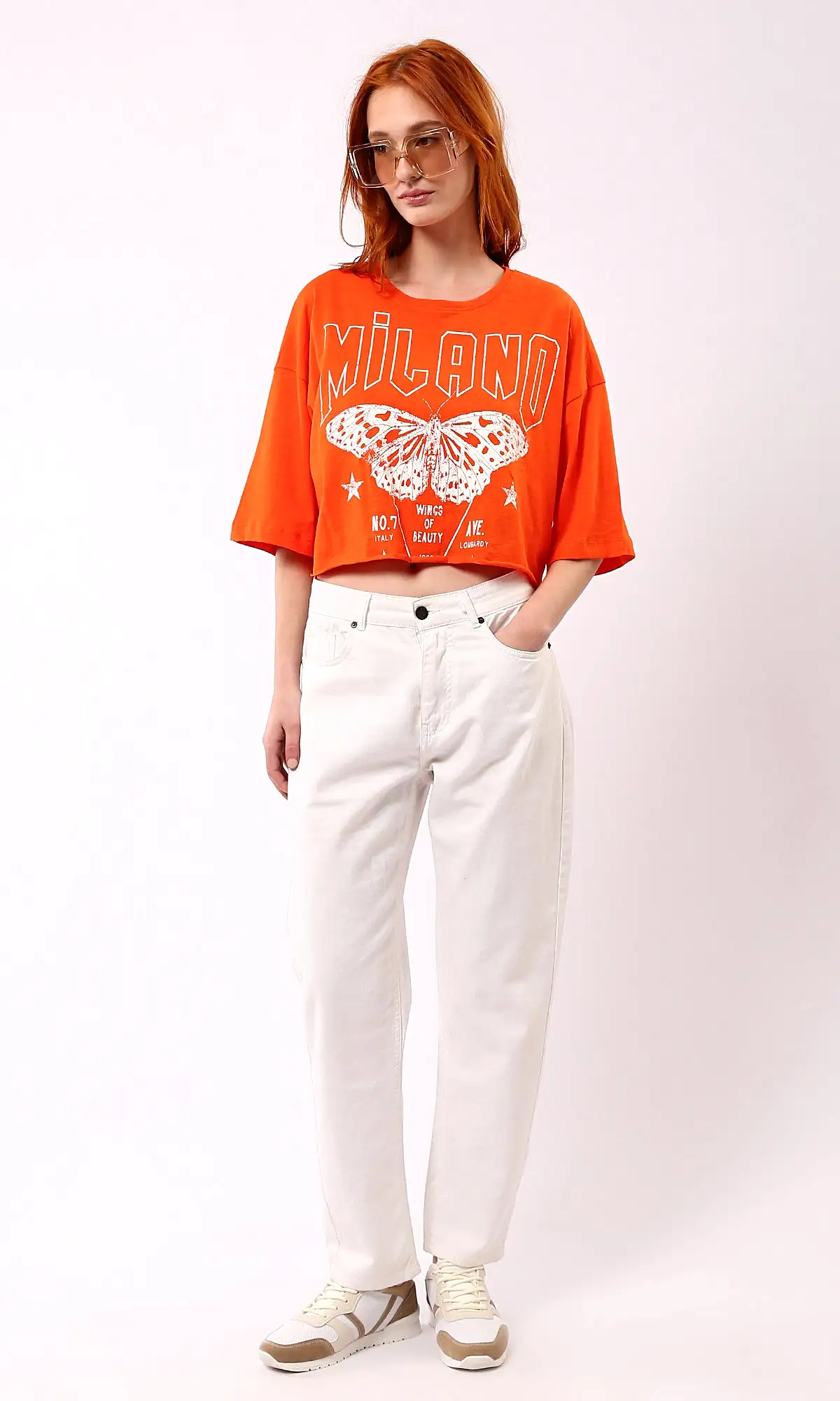 O180449 Printed Butterfly Loose Short Tee - Hot Orange