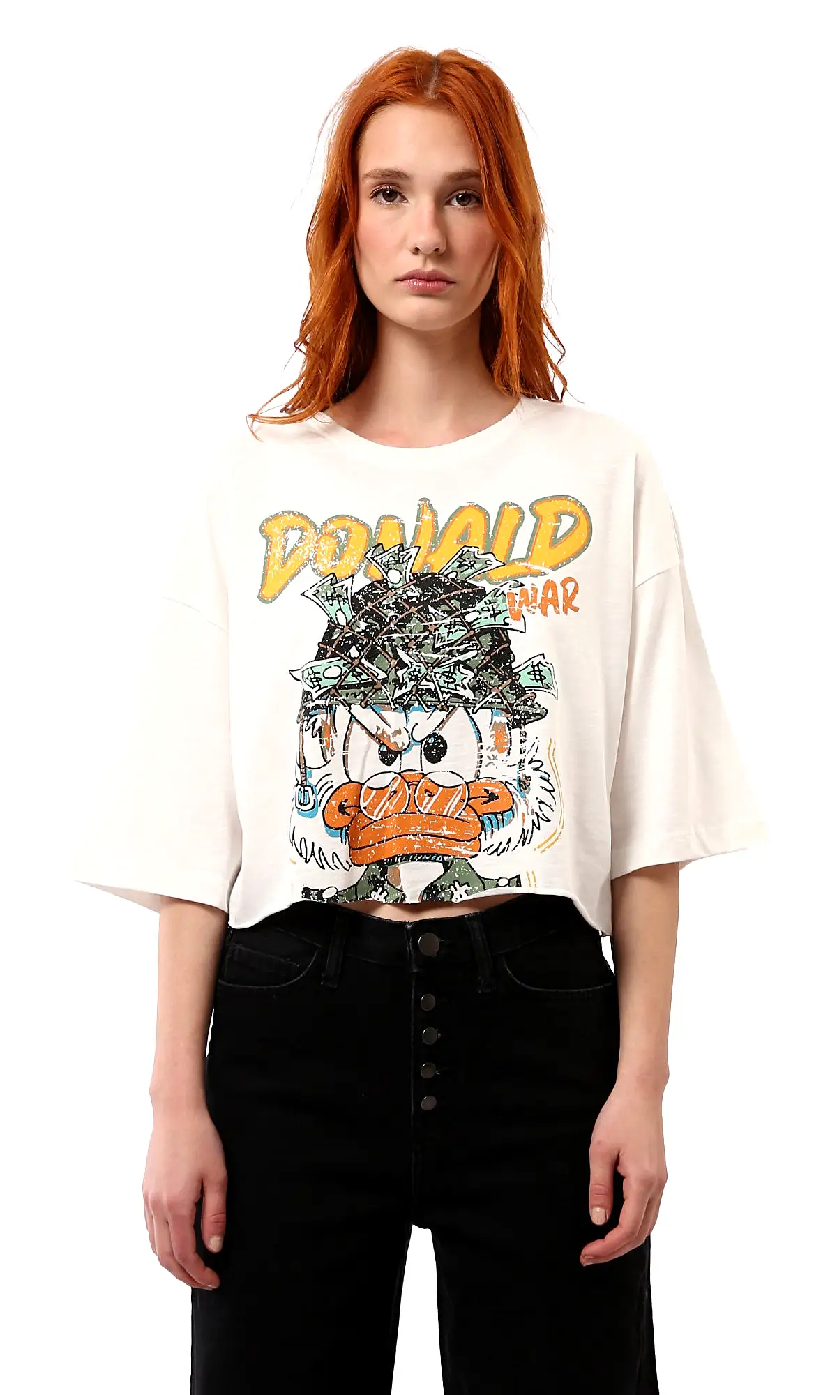 O181685 Donald Print Off-White Tee With Crew Neck