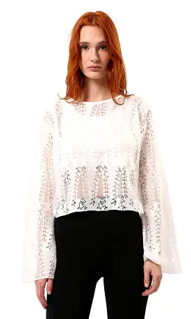 O187825 Self Pattern Slip On Off-White Perforated Blouse