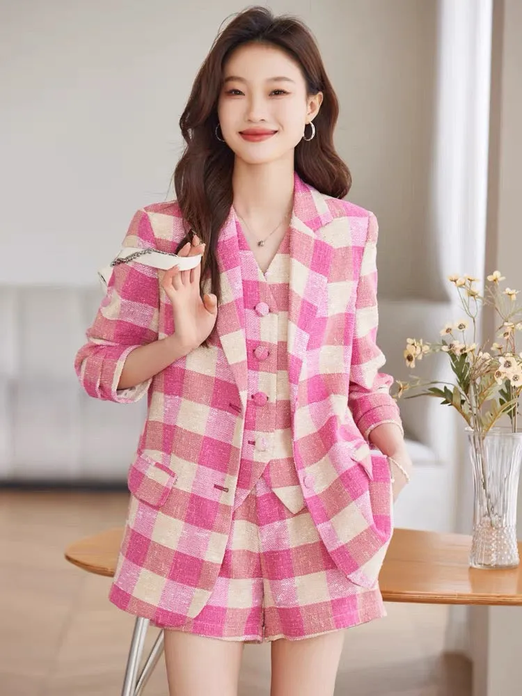 Obilan spring and autumn pink plaid small suit jacket suit shorts women's fashion vest three-piece set small fragrance Korean ve