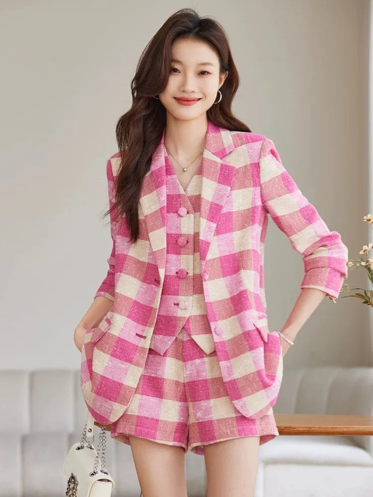 Obilan spring and autumn pink plaid small suit jacket suit shorts women's fashion vest three-piece set small fragrance Korean ve