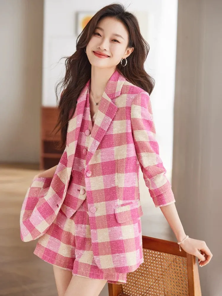 Obilan spring and autumn pink plaid small suit jacket suit shorts women's fashion vest three-piece set small fragrance Korean ve