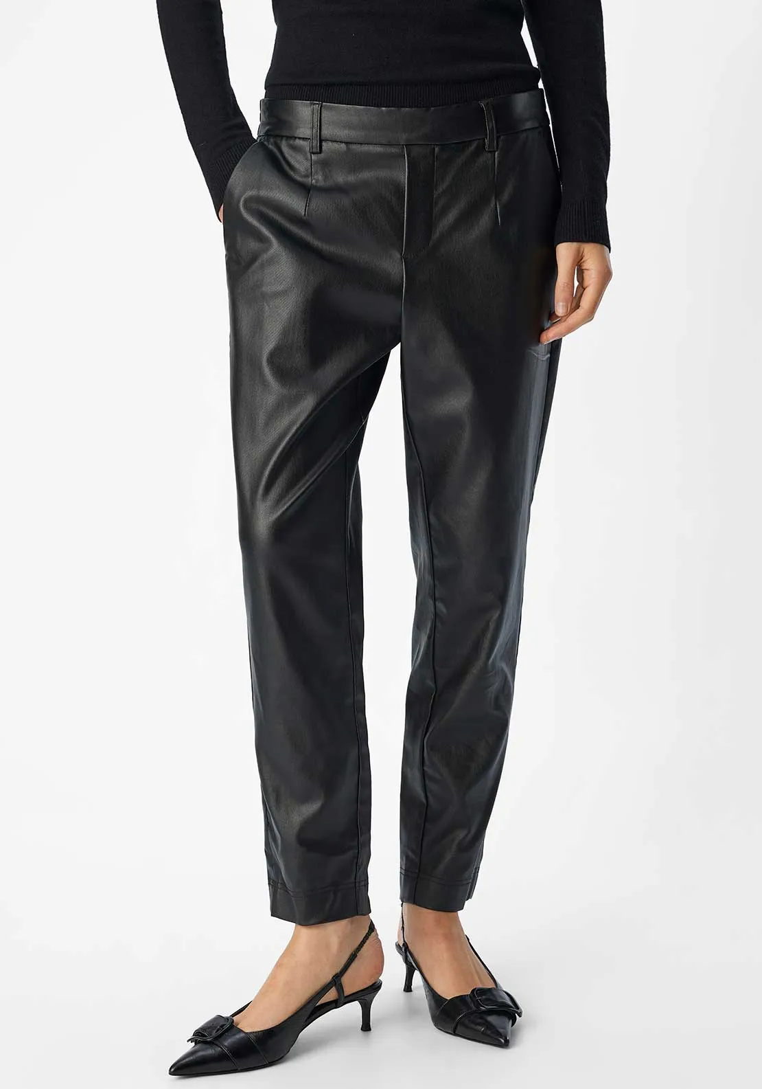 Object Melba Lisa Coated Slim Leg Trousers, Black