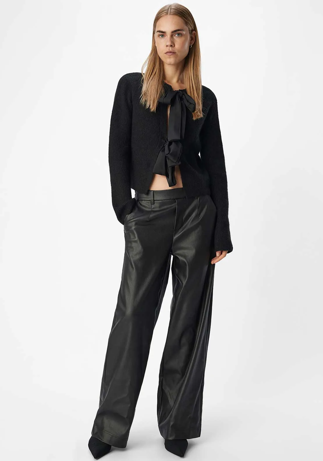 Object Melba Lisa Coated Wide Leg Trousers, Black