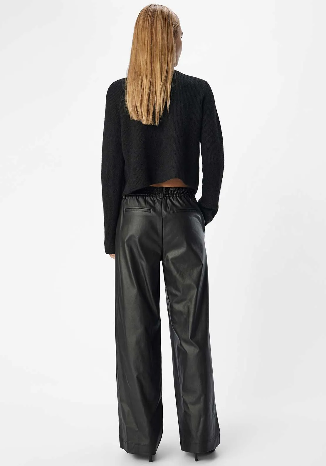 Object Melba Lisa Coated Wide Leg Trousers, Black