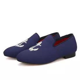 OneDrop Children Handmade Navy Canvas Kid Flat Embroidery Anchor Party Prom Wedding Loafers Red Cotton Insole