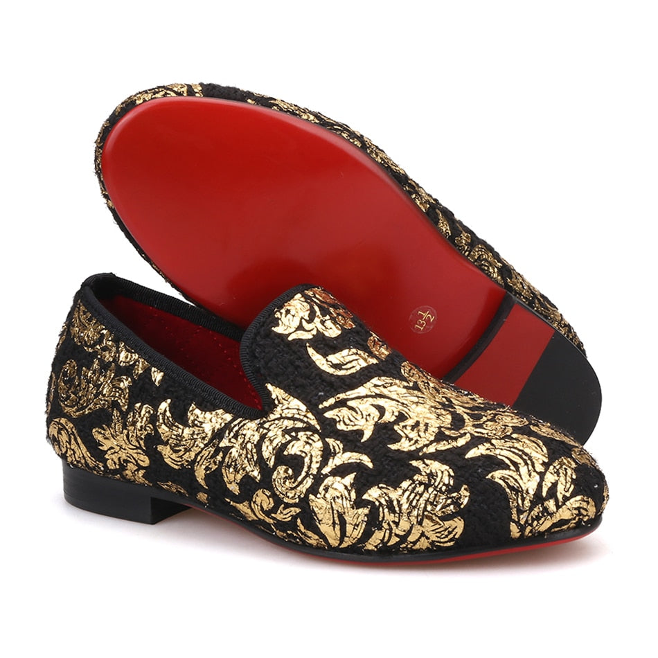 OneDrop Children Velvet Kid Handmade Gold Print Party Wedding Prom Loafers